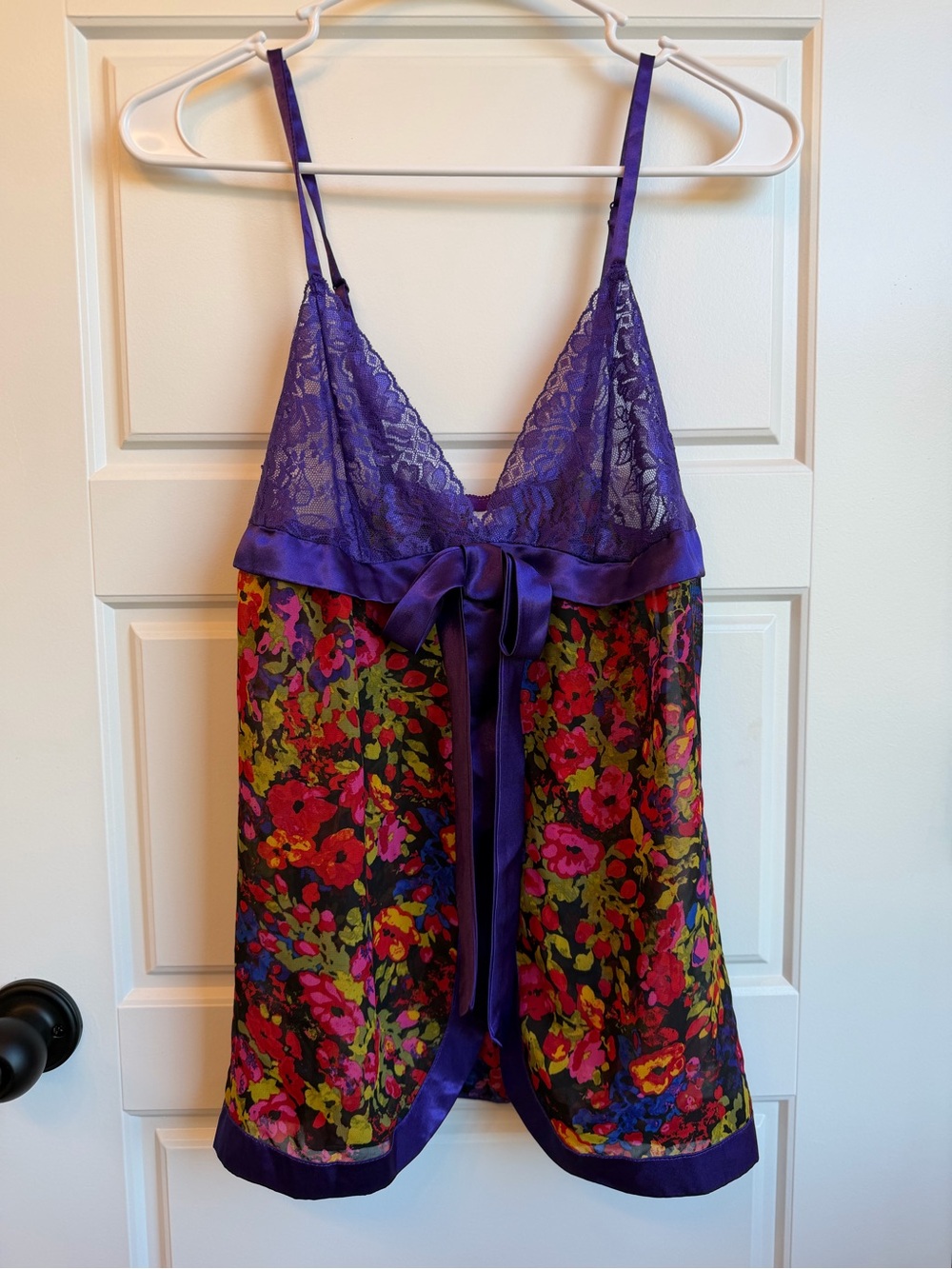 Purple Floral Lace Babydoll Small Satin Bow Romantic Coquette Lingerie